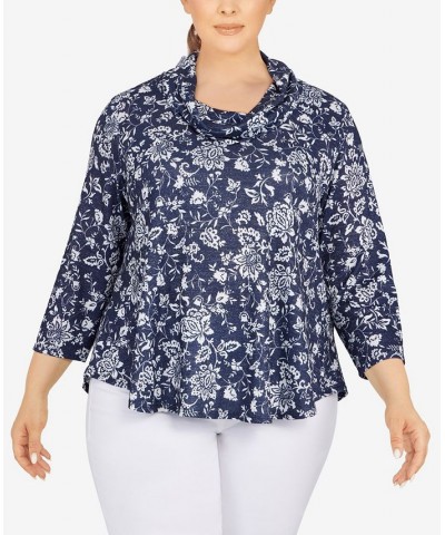 Plus Size Floral Cowl Neck Top New Navy Multi $17.22 Tops