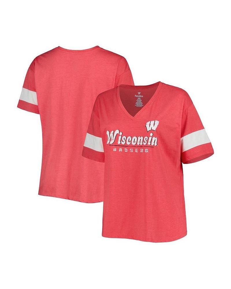 Women's Heather Red Wisconsin Badgers Plus Size Give it All V-Neck T-shirt Heather Red $32.99 Tops