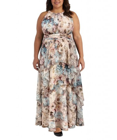 Plus Size Printed Pleat-Neck Chiffon Dress Ecru $59.60 Dresses