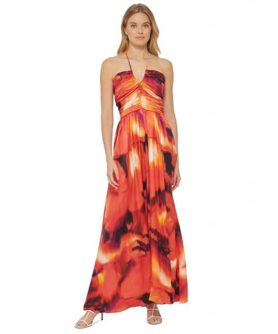 Women's Printed Sleeveless Halter Maxi Dress Black/Persimmon Multi $57.46 Dresses