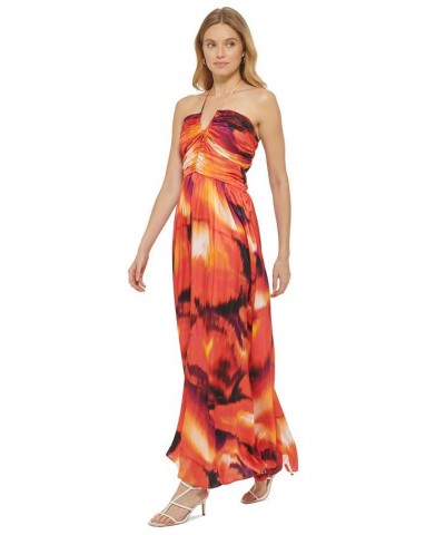 Women's Printed Sleeveless Halter Maxi Dress Black/Persimmon Multi $57.46 Dresses