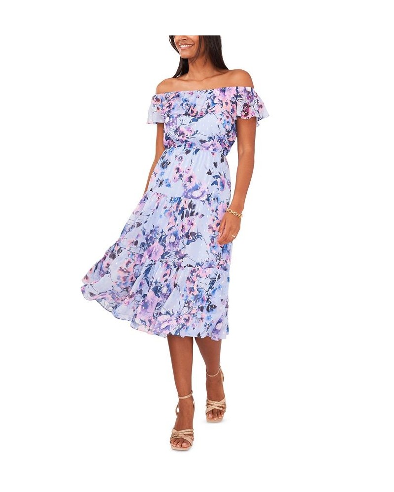 Chiffon Floral Off-The-Shoulder Tiered Midi Fit & Flare Dress Blue/pink/yellow $40.33 Dresses