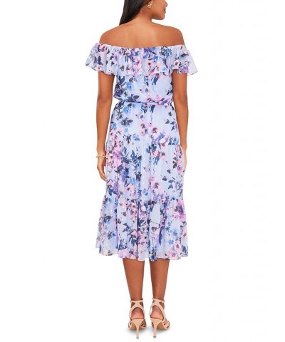 Chiffon Floral Off-The-Shoulder Tiered Midi Fit & Flare Dress Blue/pink/yellow $40.33 Dresses