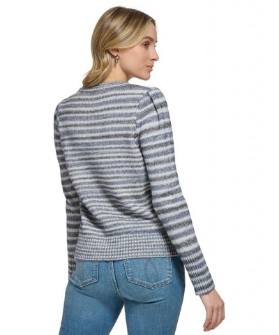 Women's Striped Puff-Shoulder Sweater Twilight Combo $28.61 Sweaters