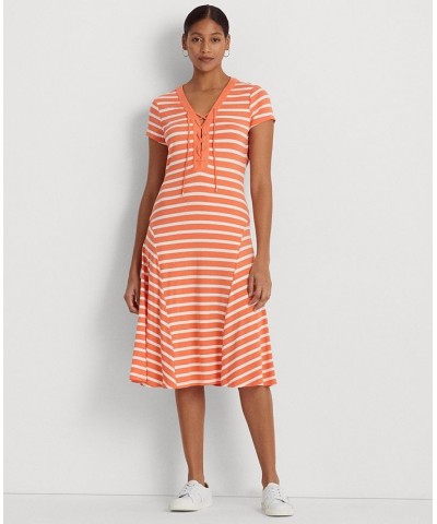 Women's Striped Lace-Up Jersey Dress Portside Coral/White $26.46 Dresses