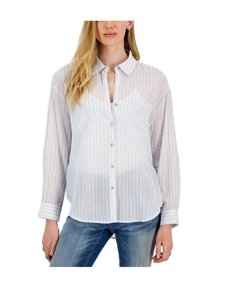 Juniors' Cotton Striped Button-Up Shirt Blue $12.22 Tops