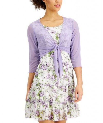 Petite Printed 3/4-Sleeve Mesh Jacket Dress Ivory/Lavender $49.50 Dresses