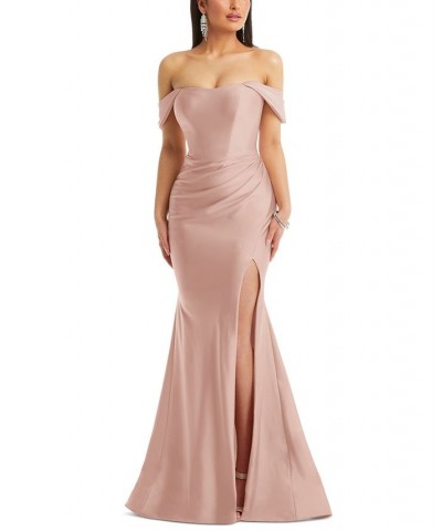 Women's Off-The-Shoulder Corset Satin Mermaid Gown Brown $107.52 Dresses