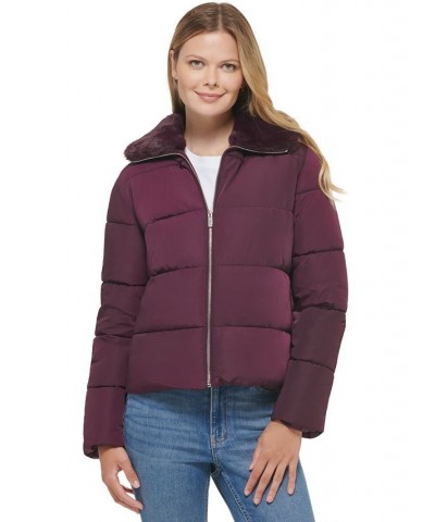 Women's Faux Fur Collar Puffer Jacket Purple $42.28 Coats