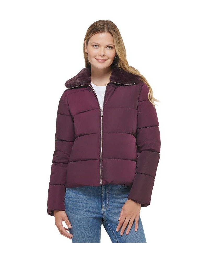 Women's Faux Fur Collar Puffer Jacket Purple $42.28 Coats