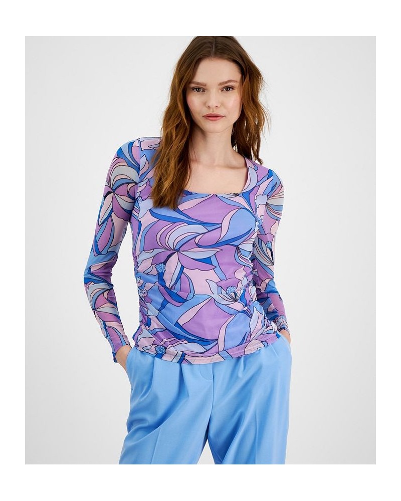 Women's Printed Ruched Square-Neck Mesh Long-Sleeve Top Vista Blue Multi $18.04 Tops