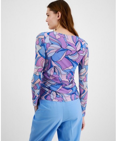 Women's Printed Ruched Square-Neck Mesh Long-Sleeve Top Vista Blue Multi $18.04 Tops