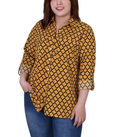 Plus Size 3/4 Sleeve Roll Tab Notch Collar Blouse Golden-Tone Glow $16.64 Tops