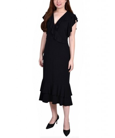 Women's Short Flutter Sleeve Ruffle Neck Dress Black $19.24 Dresses