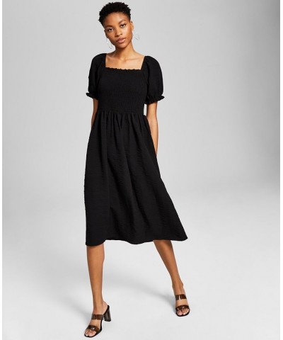 Women's Textured Smocked Puff Sleeve Midi Dress Black $23.15 Dresses