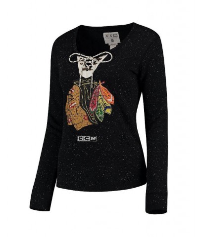 Women's Patrick Kane Black Chicago Blackhawks Henley Lace Up Name and Number Long Sleeve T-shirt Black $29.40 Tops