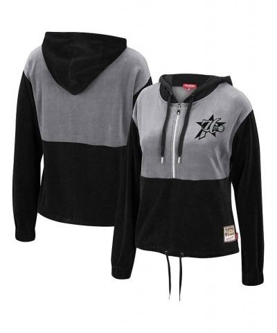 Women's Black Gray Philadelphia 76ers Hardwood Classics Velour Half-Zip Hoodie Black $38.95 Sweatshirts