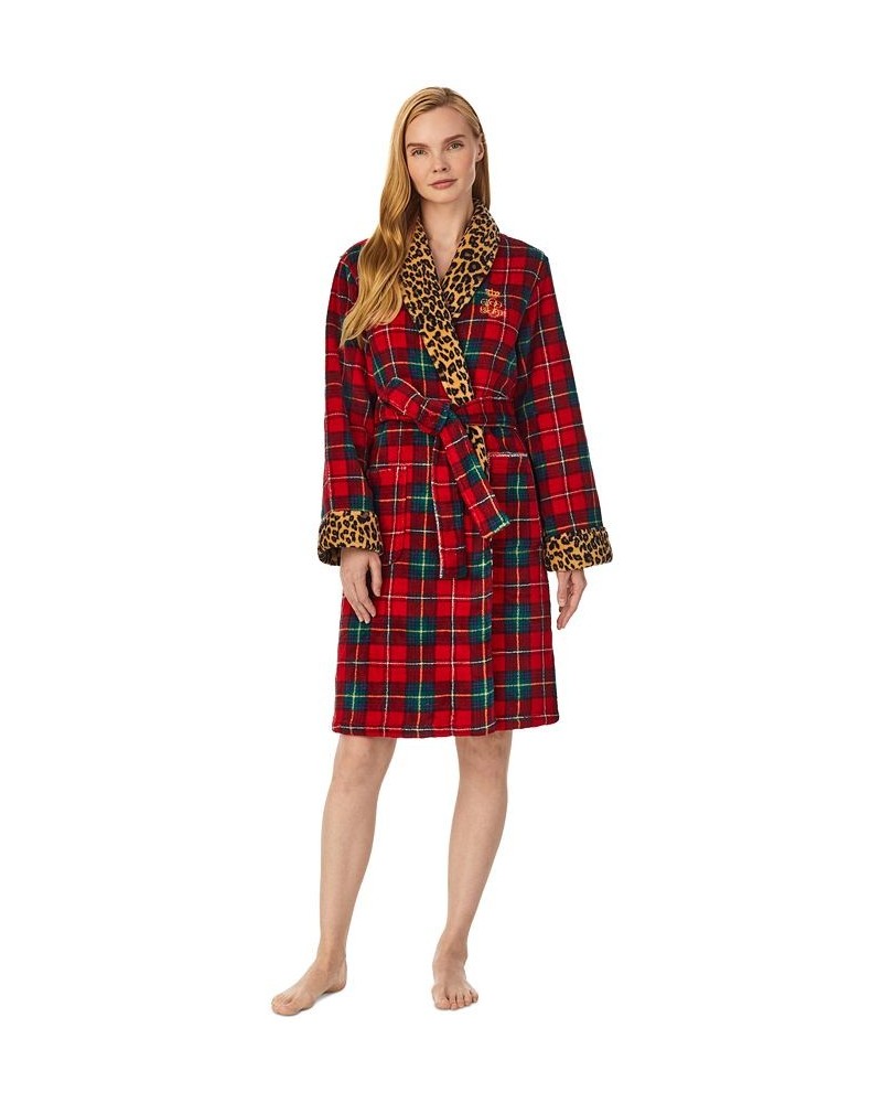 Women's Mixed-Print Short Robe Red Plaid $36.38 Sleepwear