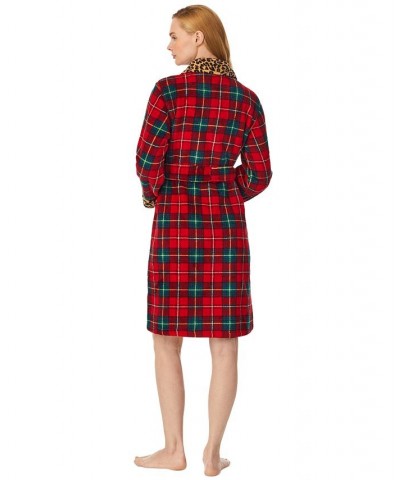 Women's Mixed-Print Short Robe Red Plaid $36.38 Sleepwear