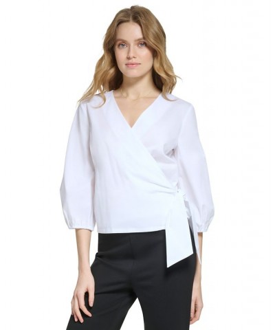 Women's V-Neck Long-Sleeve Side-Tie Wrap Top White $42.57 Tops