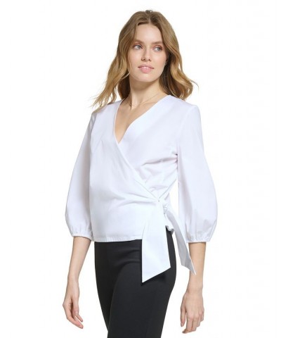 Women's V-Neck Long-Sleeve Side-Tie Wrap Top White $42.57 Tops