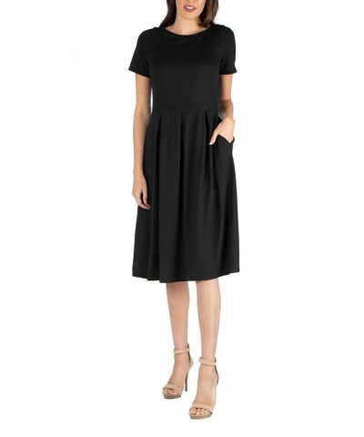 Women's Midi Dress with Short Sleeves and Pocket Detail Black $25.64 Dresses