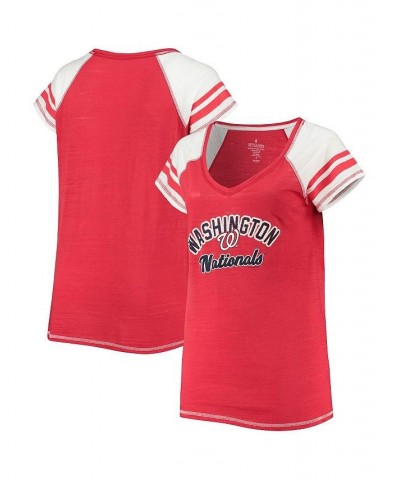 Women's Red Washington Nationals Curvy Colorblock Tri-Blend Raglan V-Neck T-shirt Red $34.19 Tops