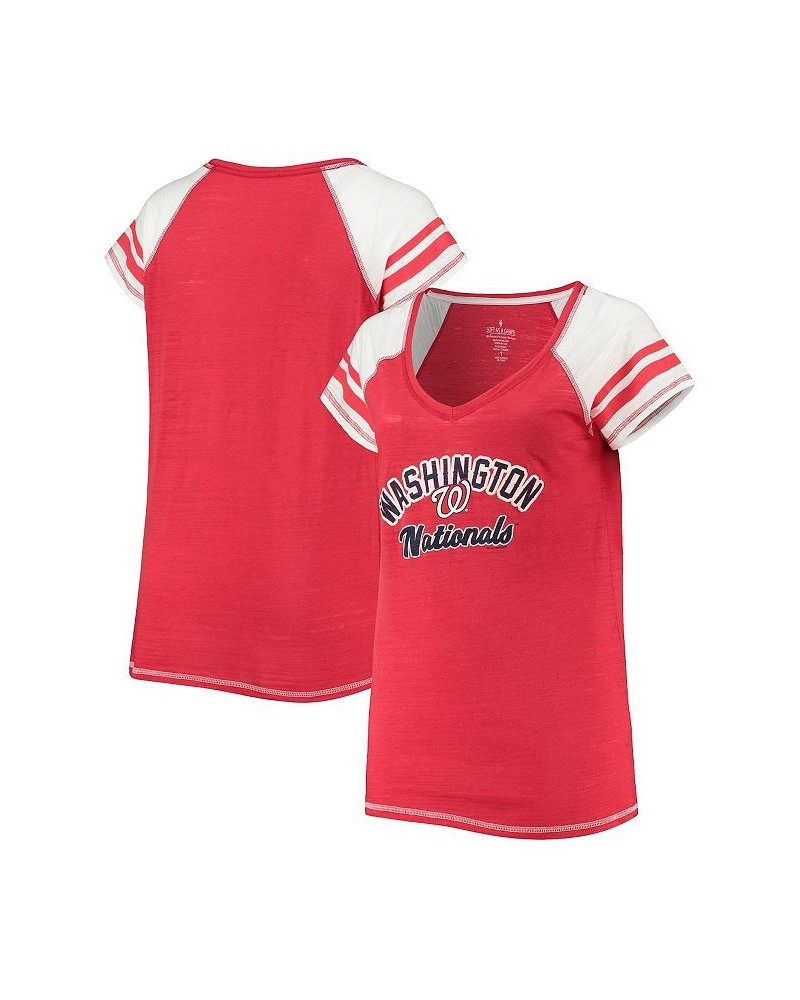Women's Red Washington Nationals Curvy Colorblock Tri-Blend Raglan V-Neck T-shirt Red $34.19 Tops