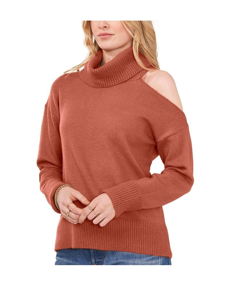 Cold-Shoulder Cuffed Turtleneck Sweater Brown $26.40 Sweaters