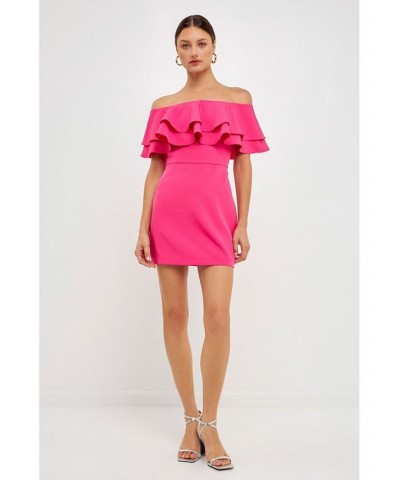 Women's Ruffled Off Shoulder Mini Dress Pink $45.00 Dresses