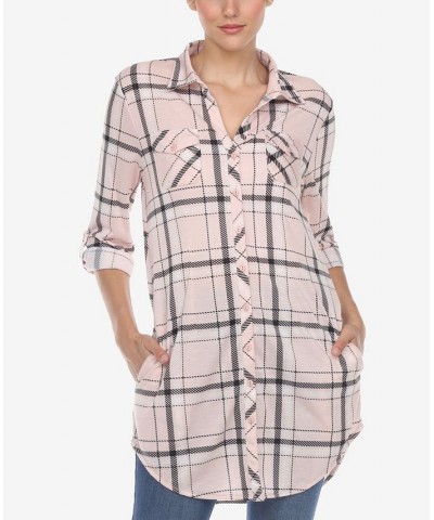 Women's Plaid Tunic Top Shirt Pink $34.10 Tops
