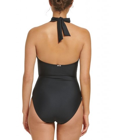 Women's Ruched Halter Tummy-Control One-Piece Swimsuit Black $43.12 Swimsuits