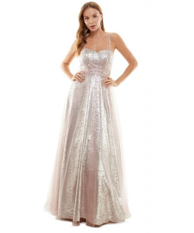 Juniors' Sweetheart-Neck Foil-Print Sleeveless Gown Mauve/silver $45.60 Dresses