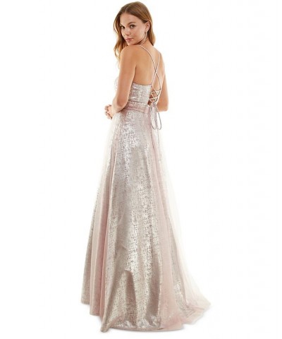 Juniors' Sweetheart-Neck Foil-Print Sleeveless Gown Mauve/silver $45.60 Dresses