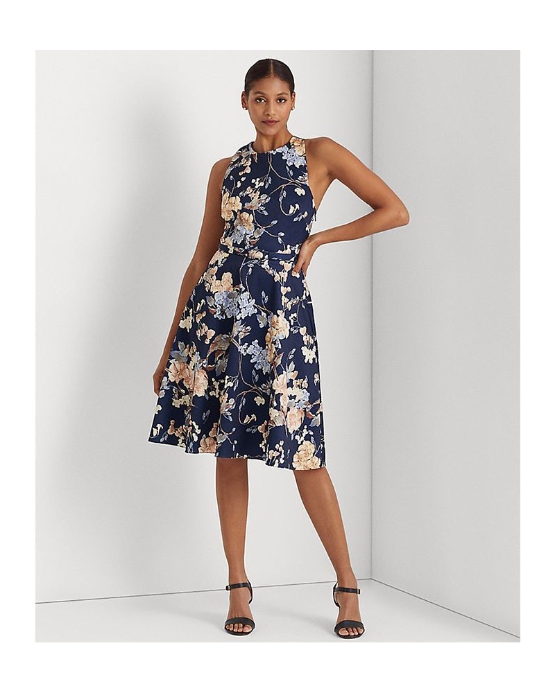 Women's Floral Belted Faille Cocktail Dress Navy Multi $134.20 Dresses