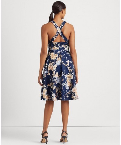 Women's Floral Belted Faille Cocktail Dress Navy Multi $134.20 Dresses