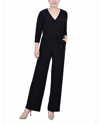 Petite Short 3/4 Sleeve Belted Jumpsuit Black $22.14 Pants