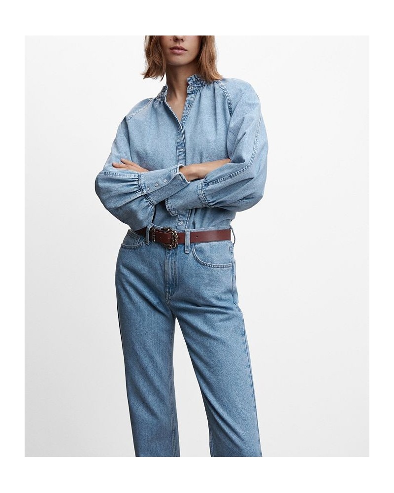Women's Puffed Sleeves Denim Shirt Light Blue $37.09 Tops