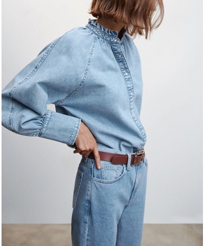 Women's Puffed Sleeves Denim Shirt Light Blue $37.09 Tops