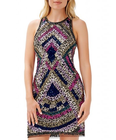 Women's Beaded Mini Sheath Dress Magenta Multi $88.00 Dresses