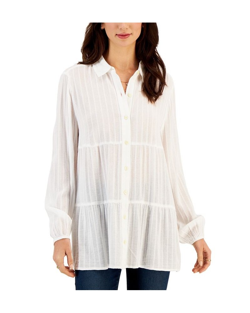 Women's Textured-Stripe Tiered Button Shirt White $20.50 Tops
