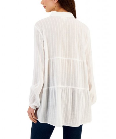 Women's Textured-Stripe Tiered Button Shirt White $20.50 Tops