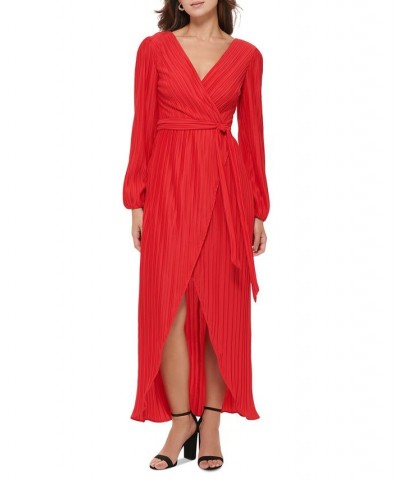 Women's Pleated Woven Faux-Wrap V-Neck Maxi Dress Red $53.64 Dresses