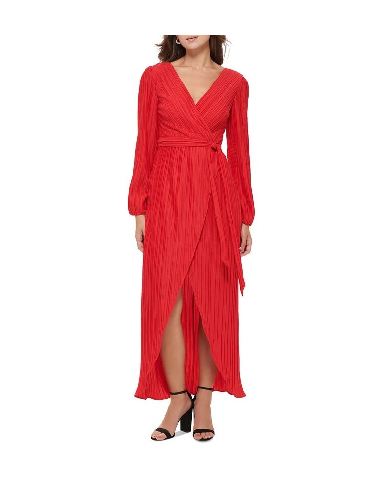 Women's Pleated Woven Faux-Wrap V-Neck Maxi Dress Red $53.64 Dresses