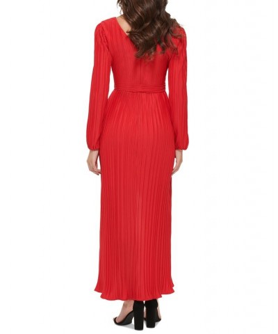 Women's Pleated Woven Faux-Wrap V-Neck Maxi Dress Red $53.64 Dresses