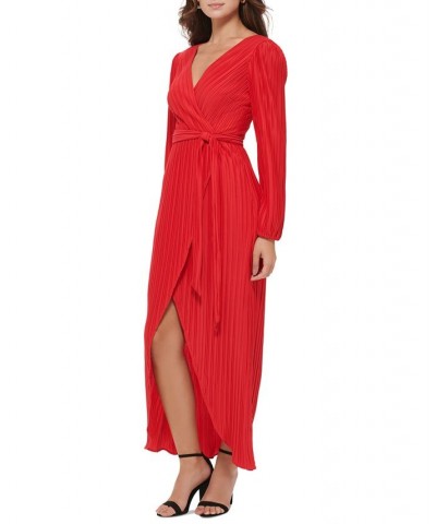 Women's Pleated Woven Faux-Wrap V-Neck Maxi Dress Red $53.64 Dresses