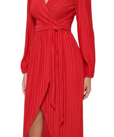 Women's Pleated Woven Faux-Wrap V-Neck Maxi Dress Red $53.64 Dresses