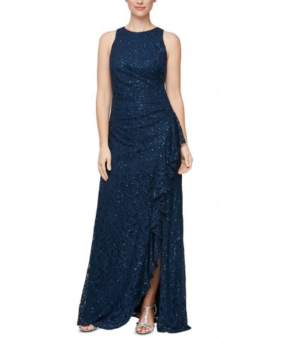 Sequin Lace Cascading Ruffle Gown Blue $77.86 Dresses