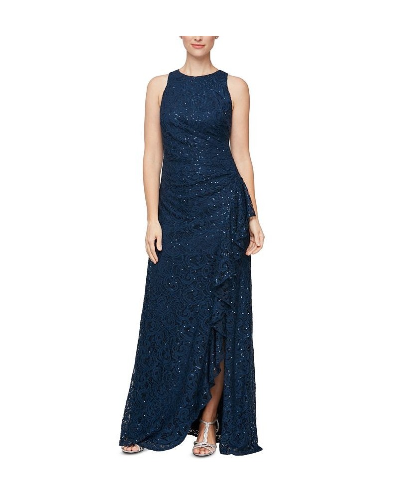 Sequin Lace Cascading Ruffle Gown Blue $77.86 Dresses