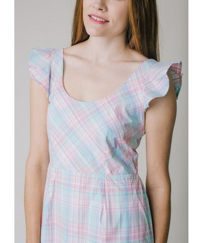 Womens' Flutter Sleeve Open Back Dress Rainbow Plaid $26.98 Dresses